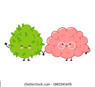 Cute funny marijuana weed bud and brain organ character. Vector flat line cartoon kawaii character illustration icon. Isolated on white background. Weed face character mascot concept