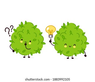 Cute funny marijuana weed bud character with question mark and idea lightbulb. Vector flat line cartoon kawaii character illustration icon. Isolated on white background. Weed face character mascot 