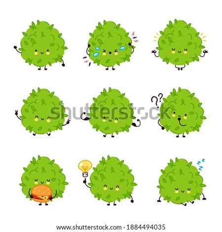 Cute funny marijuana weed bud character set collection. Vector flat line cartoon kawaii character illustration icon. Isolated on white background. Weed face character mascot bundle concept