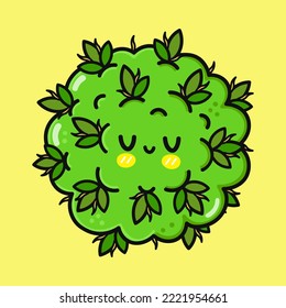 Cute lustige Marihuana Unkraut. Vektorhandgezeichnete Cartoons kawaii Zeichentricksymbol. Einzeln auf gelbem Hintergrund. Happy-Marihuana-Unkraut-Charakterkonzept