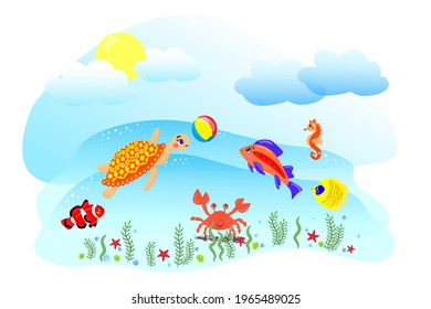 Cute funny marine life - sea turtle, fish, crab, seahorse play with a ball. Baby vector illustration