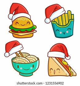 Cute and funny meals smiling set wearing Santa's hat for christmas - vector