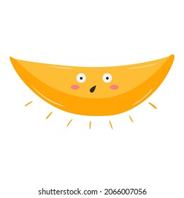 Cute and funny melon with astonished face expression. Organic healthy food showing emotion. Kawaii doodle character being surprised. Hand drawn fruit vector illustration