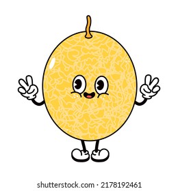 Cute funny melon waving hand character. Vector hand drawn traditional cartoon vintage, retro, kawaii character illustration icon. Isolated on white background. Melon character concept