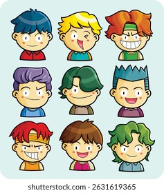 Cute and funny men's face portrait cartoon illustration set