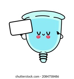 Cute funny menstrual cup with poster. Vector hand drawn cartoon kawaii character illustration icon. Isolated on white background. Menstrual cup think concept