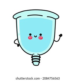 Cute lustige Menstruationstasse winzigen Charakter. Vektorhandgezeichnete Cartoons kawaii Zeichentricksymbol. Einzeln auf weißem Hintergrund. Menstruationsbecher