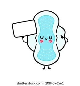 Cute funny menstrual pad with poster. Vector hand drawn cartoon kawaii character illustration icon. Isolated on blue background. Menstrual pad think concept