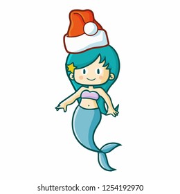 Cute and funny mermaid standing and wearing Santa's hat for christmas - vector