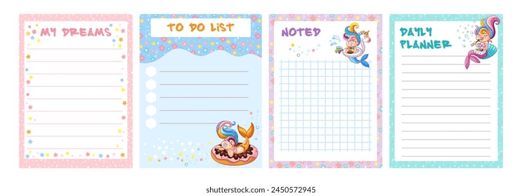 Cute funny mermaids note pad set vector illustration. Kids schedule design template. Blank childish note stickers, memo pad with mermaids and sea animals. Vector colorful illustration. Ready to print