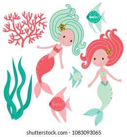 Cute funny mermaids . A set of mermaids, fish and algae. For printing on clothing. Cartoon, children.