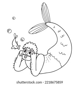 Cute and funny merman with beard and hairy hands day dreaming and watching fish. Isolated line style doodle vector illustration