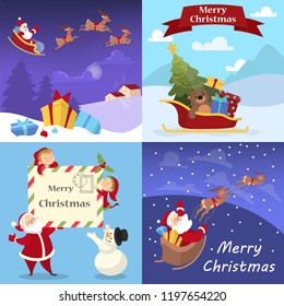 Cute funny merry xmas postcard decoration set. Greeting card for Christmas decoration. Beautiful design. Vector illustration in cartoon style