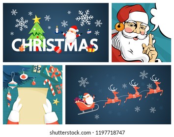 Cute funny merry xmas postcard decoration set. Greeting card for Christmas decoration. Beautiful design. Santa Claus, reindeer and letter. Vector illustration in cartoon style