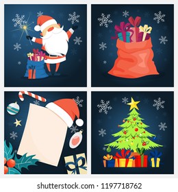 Cute funny merry xmas postcard decoration set. Greeting card for Christmas decoration. Beautiful design. Santa Claus, tree and gift bag. Vector illustration in cartoon style
