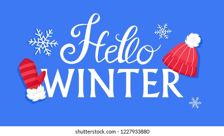 Cute funny merry xmas postcard decoration. Greeting card Hello Winter for Christmas decoration. Beautiful design. Vector illustration in cartoon style