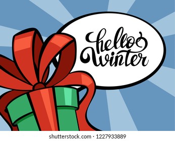 Cute funny merry xmas postcard decoration. Greeting card Hello Winter for Christmas decoration. Beautiful design in pop art style. Vector illustration in cartoon style