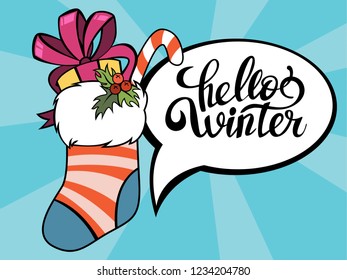Cute funny merry xmas postcard decoration. Greeting card Hello Winter for Christmas decoration. Beautiful design in pop art style. Vector illustration in cartoon style