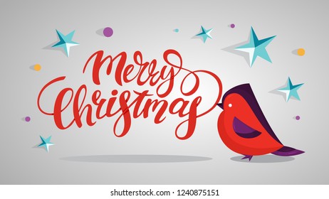 Cute funny merry xmas postcard decoration. Greeting card Merry Christmas with red bird flying. Beautiful design. Vector illustration in cartoon style