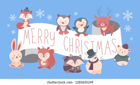 Cute funny merry xmas postcard decoration. Greeting card Merry Christmas with animal Beautiful design. Vector illustration in cartoon style