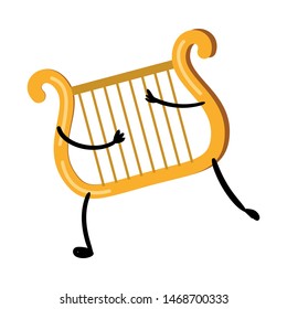 Cute funny metal gold harp character is playing