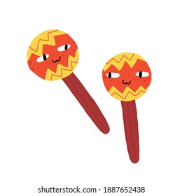 Cute and funny Mexican maracas characters looking on each other and smiling. Vector isolated illustration in hand-drawn style.