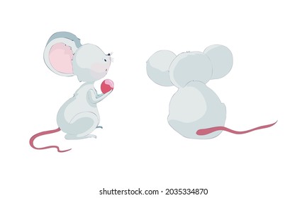 Cute funny mice characters set. Side and back view of lovely little mouse cartoon vector illustration