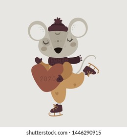 Cute funny mice mouse in scarf with heart. Chinese New Year 2020. Vector holiday. Isolated cartoon animal character illustration. For print, poster, calendar, decoration, textile, card