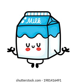 Cute funny milk box meditate in yoga pose. Vector hand drawn cartoon kawaii character illustration icon. Isolated on white background. Milk dairy box doodle cartoon smile happy character concept