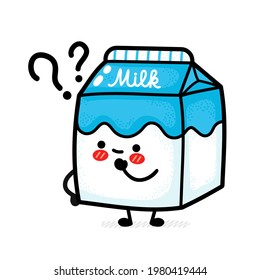 Cute funny milk box with question marks. Vector hand drawn cartoon kawaii character illustration icon. Isolated on white background. Milk dairy box doodle cartoon smile happy character concept