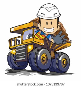 Cute and funny mining worker in a mining car - vector.