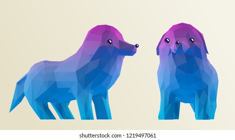 Cute Funny Modern Gradient Cartoon Dogs Set. Vector Dog Low Poly 3D Rendering