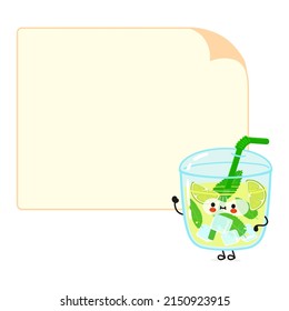 Cute funny mojito character with speech bubble. Vector hand drawn cartoon kawaii character illustration icon. Isolated white background. Mojito character emoji,child,face,kids,cartoon,adorable,kawaii