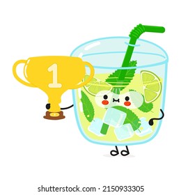 Cute funny mojito hold gold trophy cup.Vector hand drawn cartoon kawaii character illustration icon. Isolated white background. Mojito with winner trophy cup,emoji,child,face,adorable,cartoon,doode