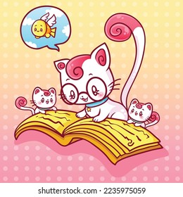 Cute funny mom cat with her kittens reading a storybook about a flying fish