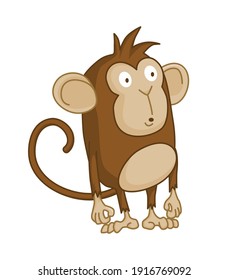 Cute funny monkey colorful cartoon illustration. Vector little chimpanzee. Wildlife character. Ape stands and wonders