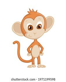 Cute funny monkey colorful cartoon illustration. Vector little chimpanzee. Wildlife character. Ape stands