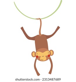 Cute funny monkey hanging from liana cartoon character illustration. Hand drawn Scandinavian style flat design, isolated vector. Tropical animal, jungle wildlife, safari, nature, kids print element