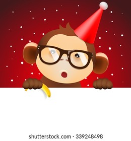 Cute funny monkey holding white page, greeting Christmas card, vector illustration.