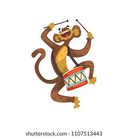 Cute funny monkey playing drum, cartoon animal character with musical instrument vector Illustration on a white background