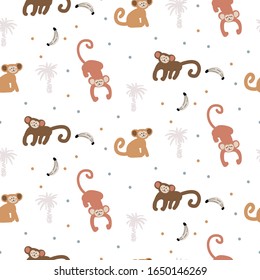 Cute funny monkey seamless pattern. Childish apes gang and banana print design vector. Wild animals tropic jungle theme background.