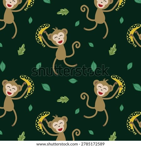 Cute funny monkey seamless pattern. Childish apes gang and banana print design vector. Wild animals tropic jungle theme background.
