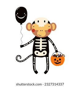Cute funny monkey in skeleton Halloween costume character illustration. Hand drawn cartoon animal, Scandinavian style flat design, isolated vector. Kids print element, trick or treat, party