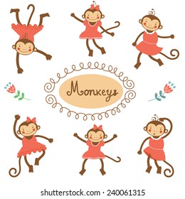 Cute funny monkeys  colorful collection. vector illustration