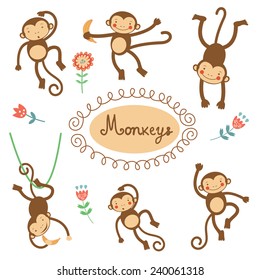 Cute funny monkeys  colorful collection. vector illustration