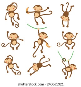 Cute funny monkeys  colorful collection. vector illustration