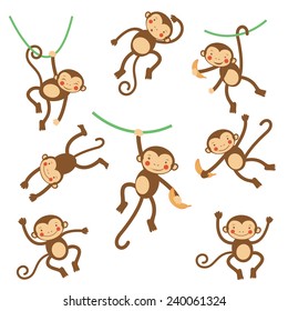 Cute funny monkeys  colorful collection. vector illustration