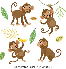 Cute and funny monkeys. Set of vector characters.