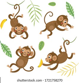 Cute and funny monkeys. Set of vector characters.