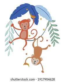 Cute funny monkeys with simple greens vector illustration. Jungle life clipart vector design.
